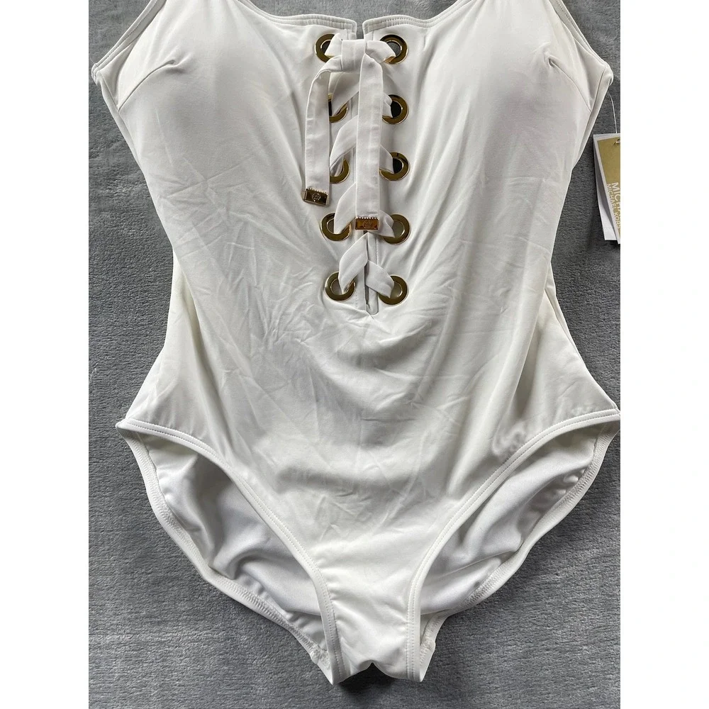 Michael Kors One Piece Swimsuit Women White NWT Lace Up Grommet Sz 16 $